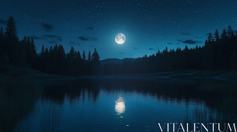 Moonlit Night Over a Tranquil Forest Lake AI Image