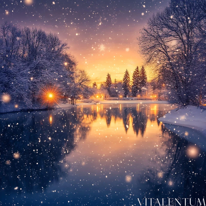 Peaceful Winter Scene with Snow-covered Trees and Reflections AI Image