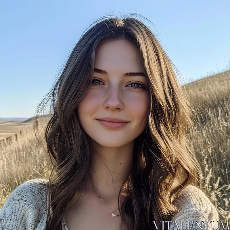 Young Woman with Long Hair in Sunlit Field AI Image