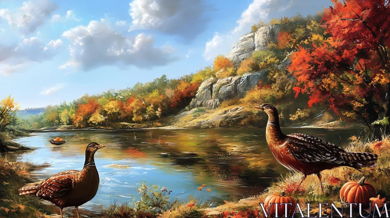 Autumn Scenery with Birds and Pumpkins AI Image