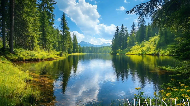 Peaceful Lake with Forest and Mountain View AI Image