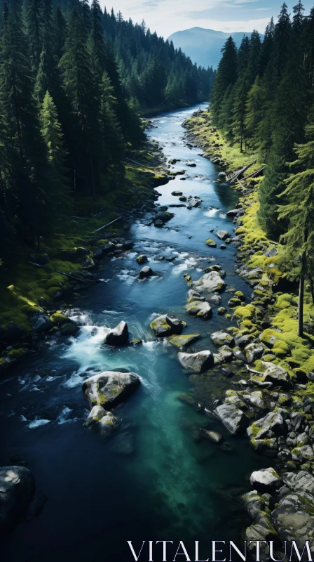 Tranquil River Flowing Through Mountain Forest AI Image