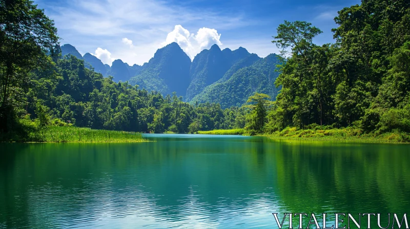 Peaceful Lake with Mountains and Forest AI Image