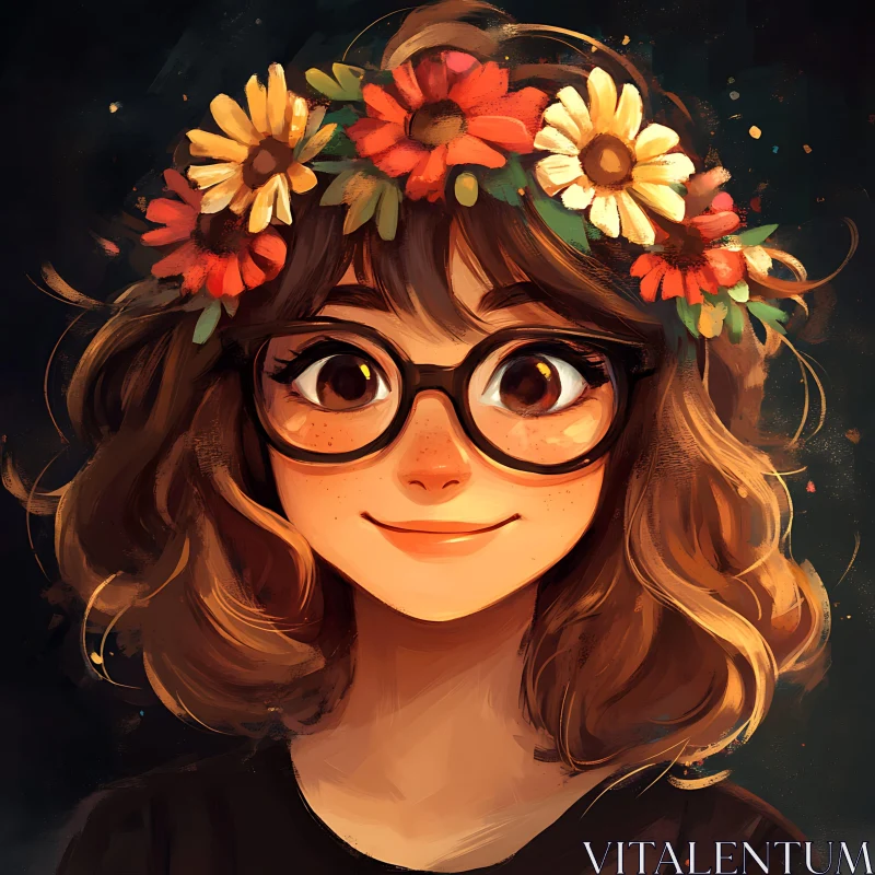 Anime Portrait of Smiling Girl with Floral Headband AI Image