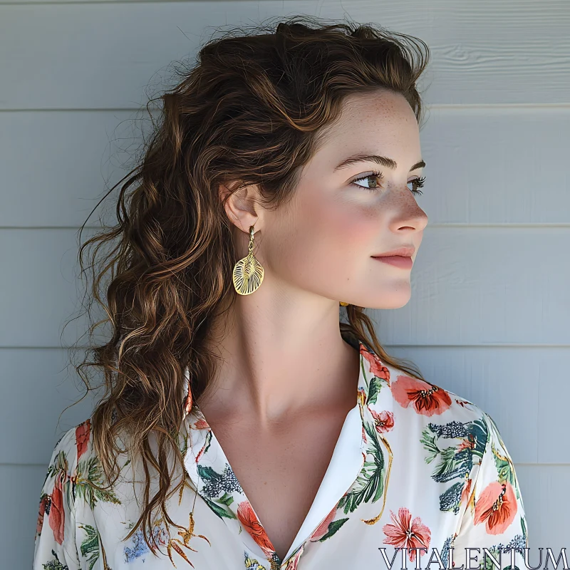 Graceful Woman Wearing Floral Outfit and Gold Earrings AI Image