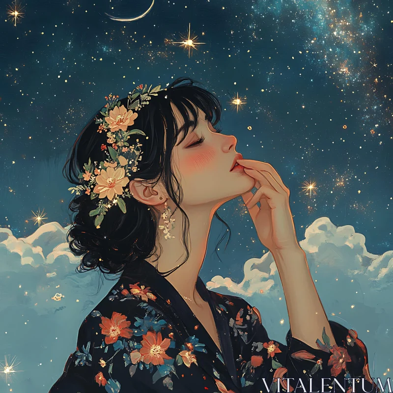 AI ART Contemplative Floral Night Portrait