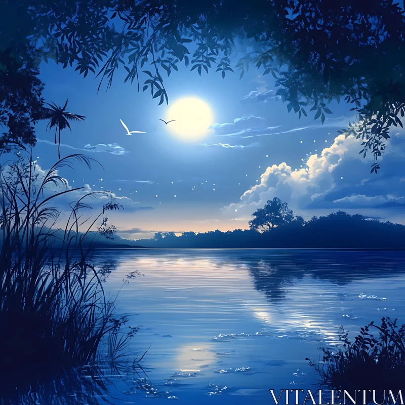 Serene Moonlit Lake and Night Sky AI Image