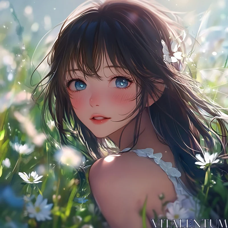 Anime Girl with Blue Eyes in Flower Meadow AI Image