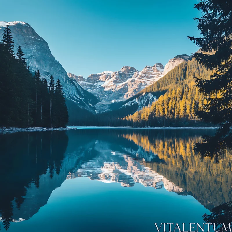 AI ART Mirror-like Lake with Mountain and Forest Reflections