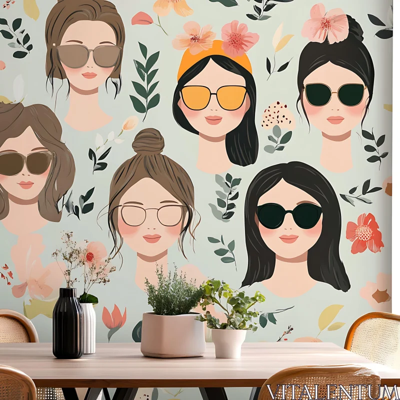 Playful Women and Floral Wall Decoration AI Image