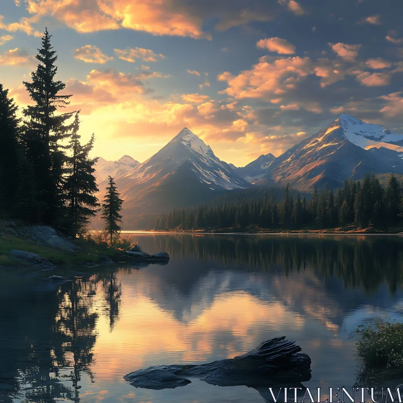 Sunset Over Serene Lake and Majestic Mountains AI Image