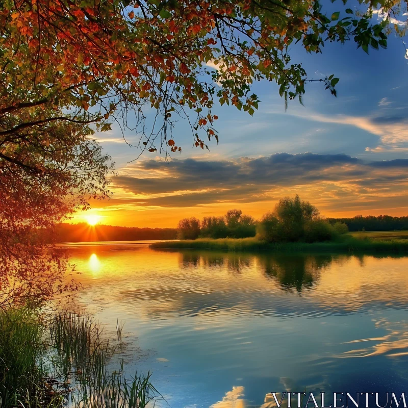 Golden Sunset Over Peaceful Lake AI Image