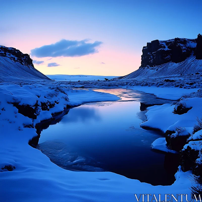 Snowy Valley with River Reflection at Sunset AI Image