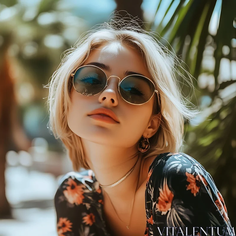 Fashionable Blonde Woman in Round Sunglasses and Floral Attire AI Image