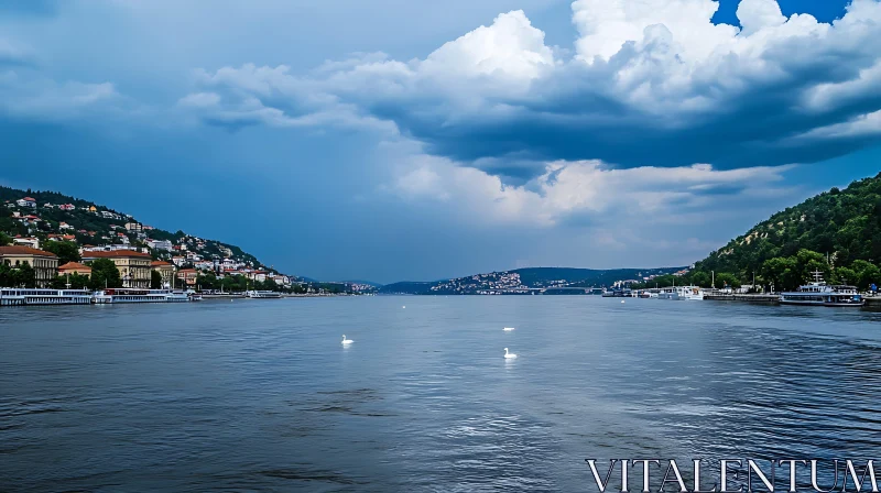 Calm Lake Scene with Swans and Hillside Houses AI Image