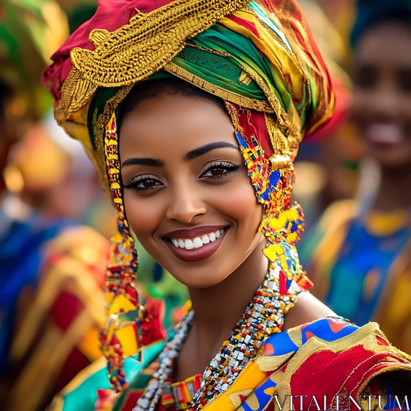 Smiling Woman in Vibrant Traditional Clothing AI Image