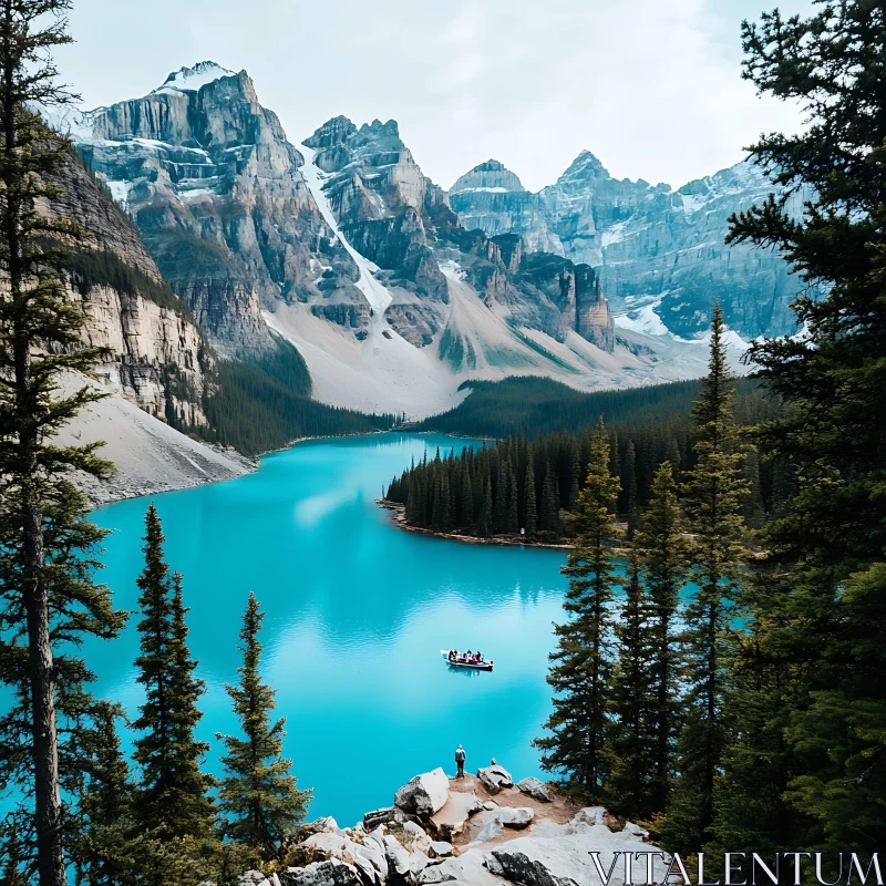 AI ART Turquoise Lake with Boat and Evergreen Forest in Mountain Landscape