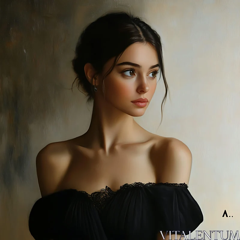 Graceful Woman in Black Off-Shoulder Dress AI Image