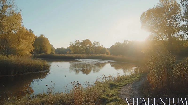 AI ART Tranquil Autumnal Lake with Golden Foliage and Sunlit Path