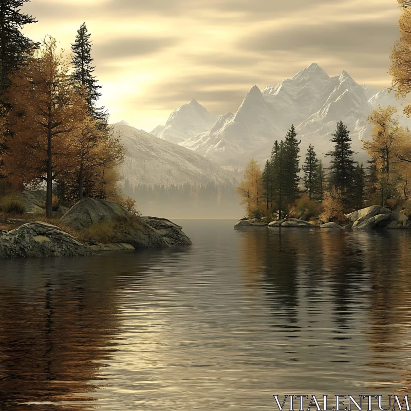 Idyllic Autumn Landscape with Lake and Mountains AI Image