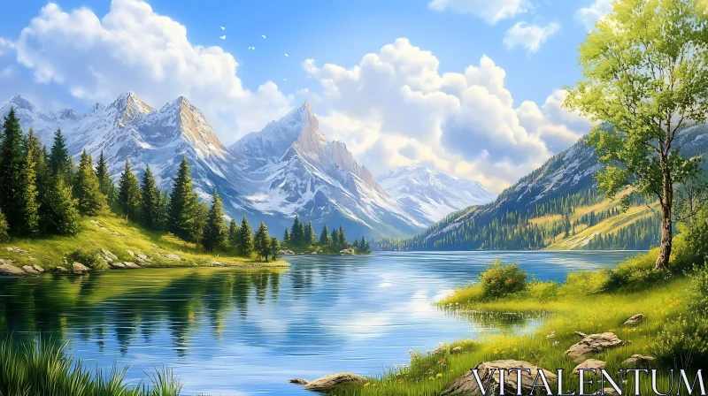 Tranquil Alpine Lake with Greenery and Mountains AI Image