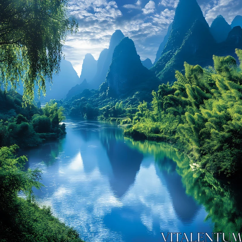 Tranquil Mountainscape with Reflective River AI Image