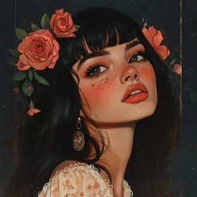 Artistic Portrait of a Woman with Black Hair and Roses