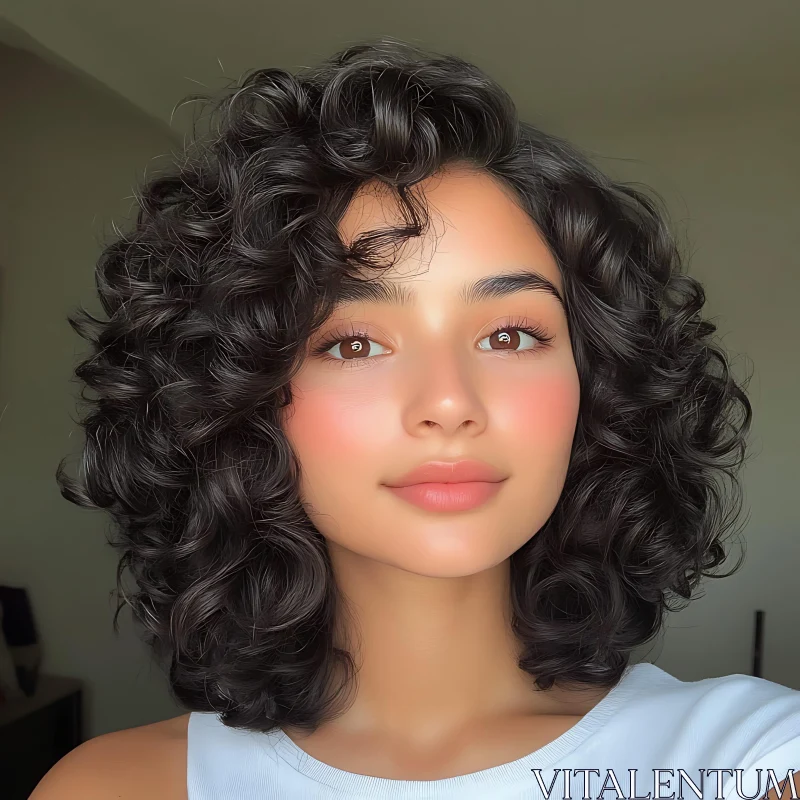 Curly-Haired Woman in White Top Smiling AI Image