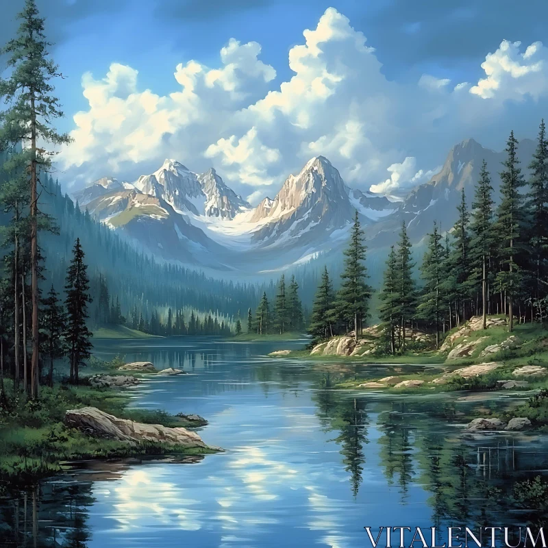 AI ART Peaceful Mountain Scene with Lake and Pine Forest