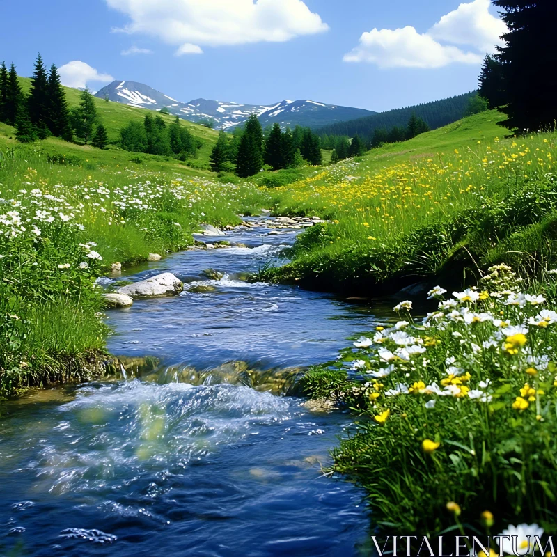 Tranquil Stream in a Flower-Filled Meadow AI Image