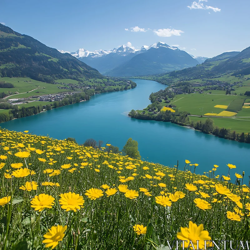 Breathtaking View of a Lake with Flowers and Mountains AI Image