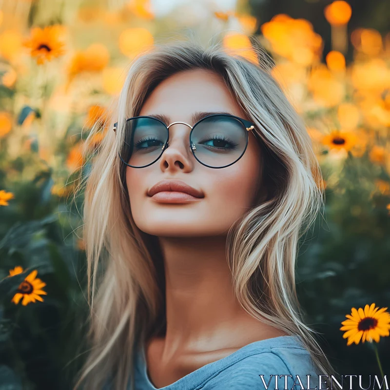 Portrait of a Woman with Sunglasses in a Flower Field AI Image