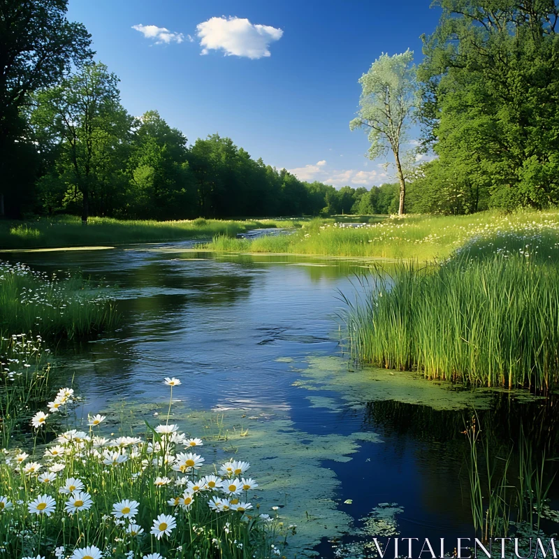 Tranquil River Landscape with Blossoming Wildflowers AI Image