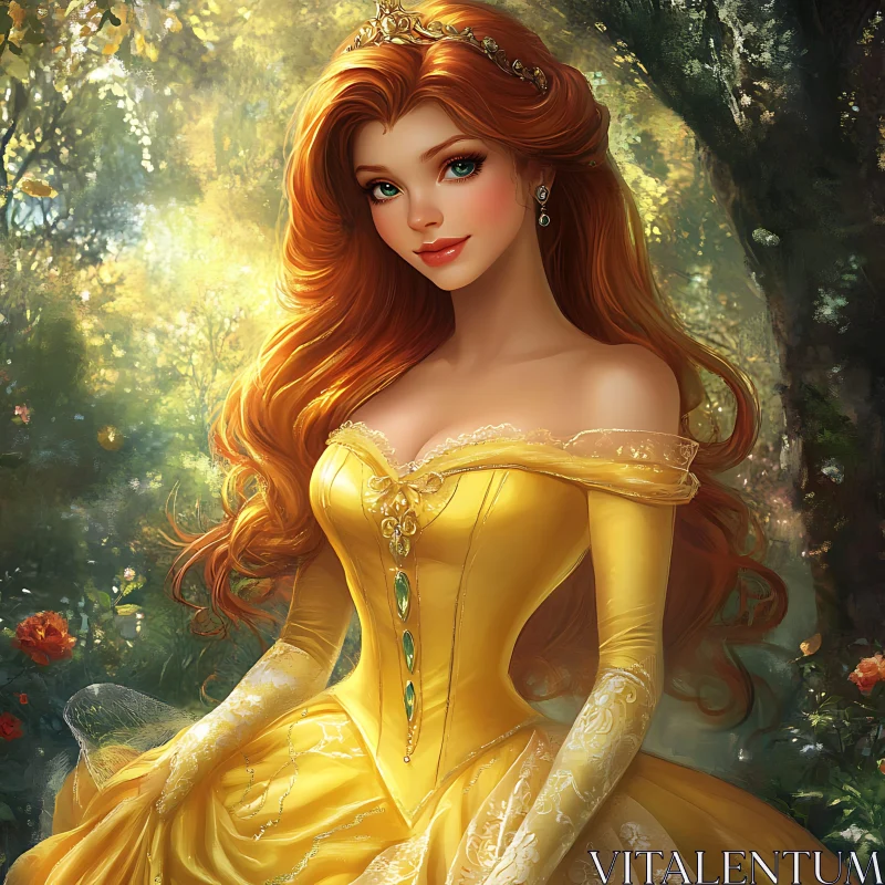 AI ART Graceful Princess with Golden Hair and Yellow Gown