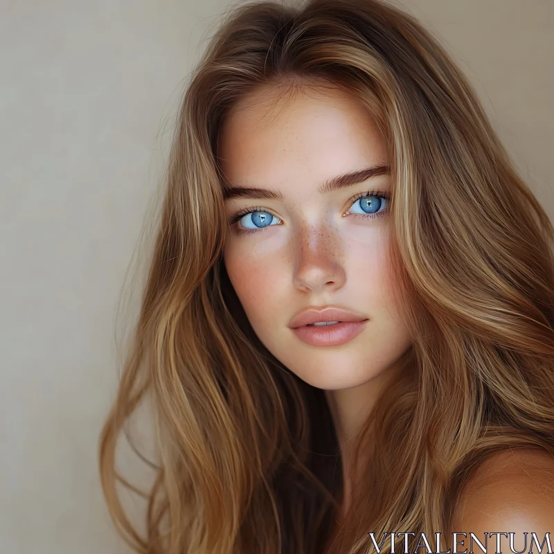 Close-Up of Woman with Blue Eyes and Freckles AI Image