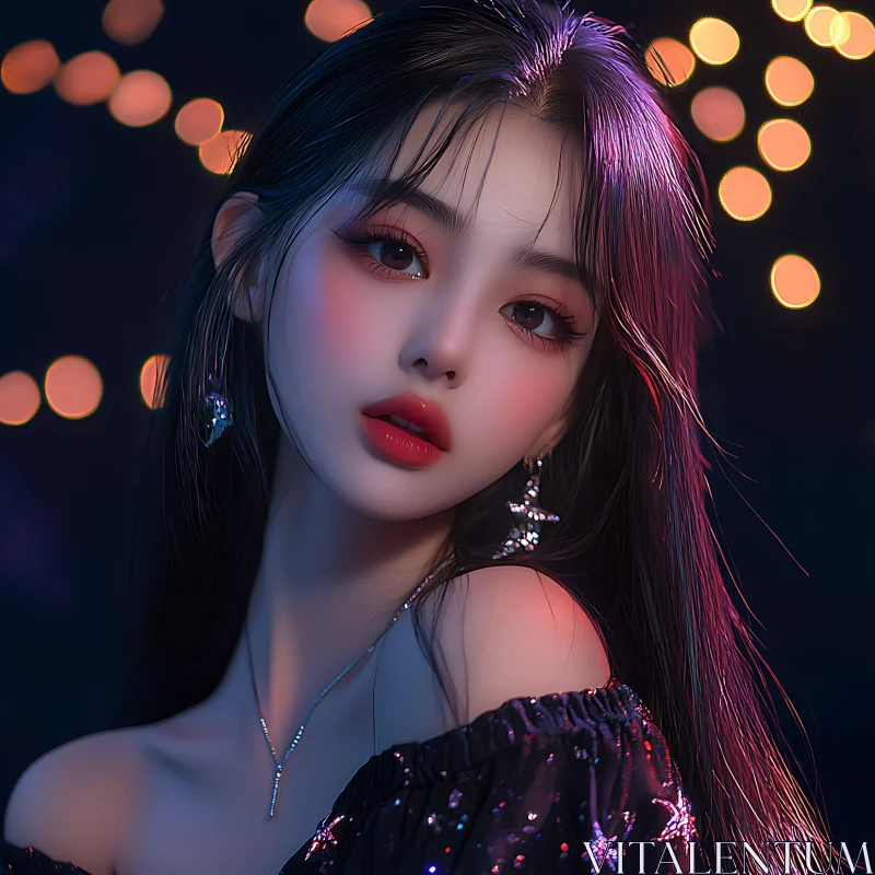 Beautiful Anime Girl Portrait with Night Lights AI Image