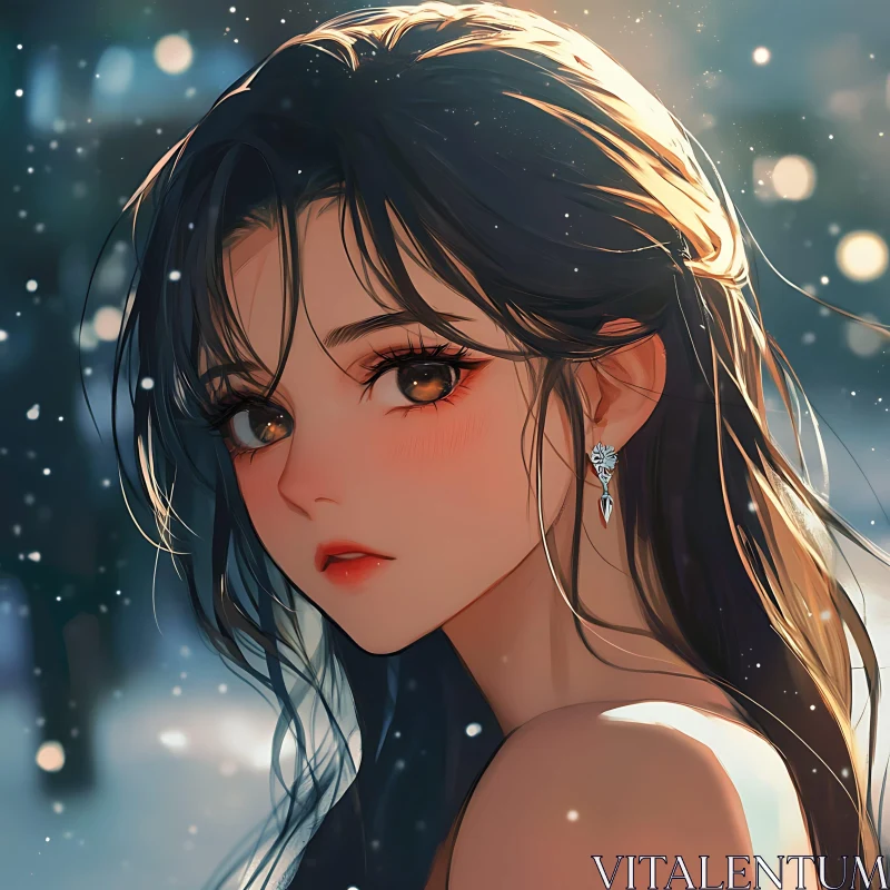 Elegant Anime Woman in Snow AI Image