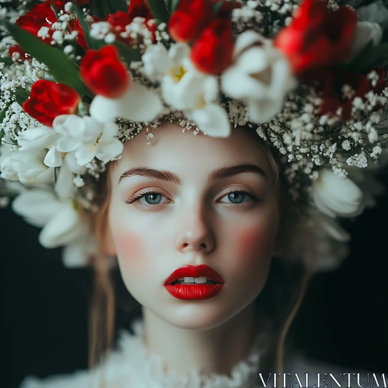 Elegant Woman Portrait with Red & White Flowers AI Image