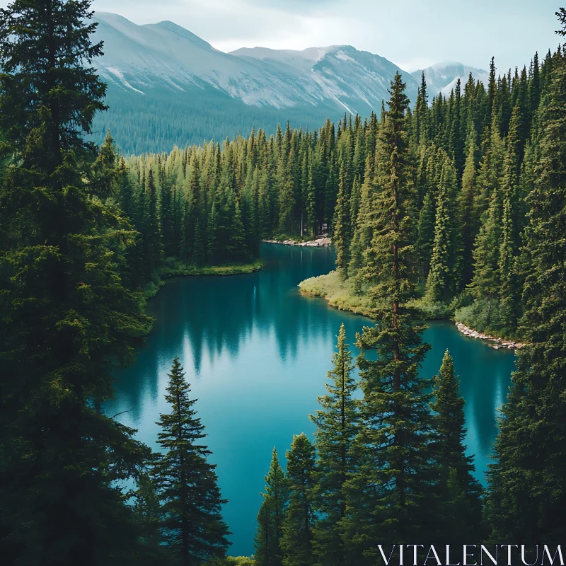 Tranquil Mountain Lake Surrounded by Forest AI Image