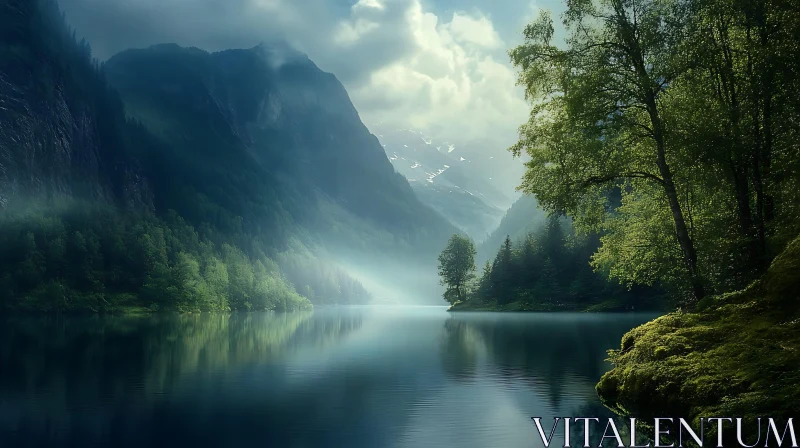 Mystical Mountain Lake with Forest Reflections AI Image