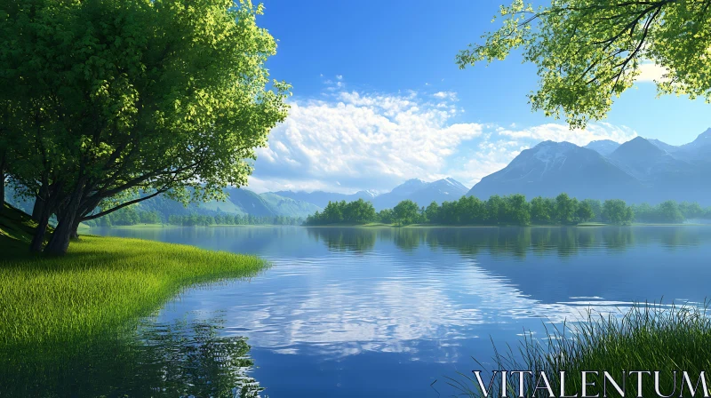 Tranquil Mountain Lake with Reflective Waters AI Image