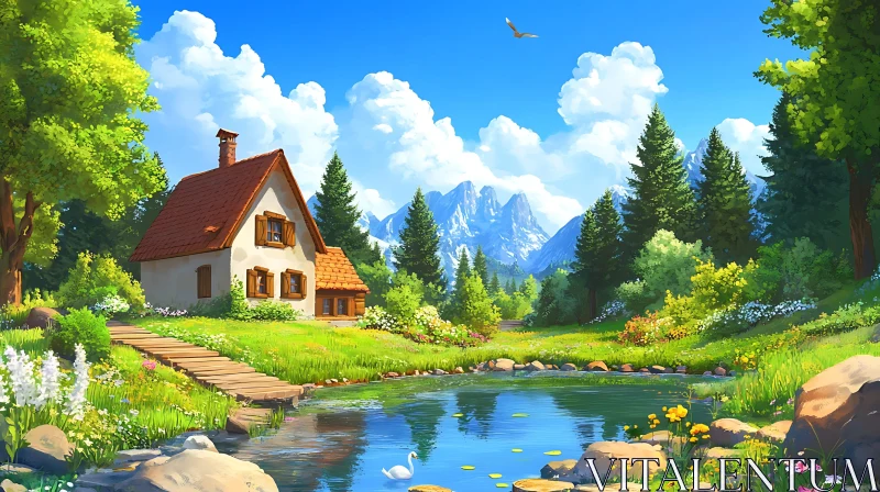 AI ART Idyllic Cottage Scene with Serene Lake and Mountains