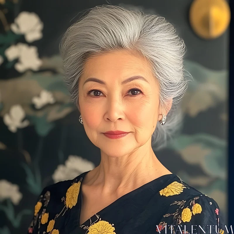 Graceful Older Woman with Floral Embroidered Dress AI Image