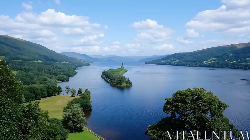 Idyllic Landscape with Lake and Green Island AI Image