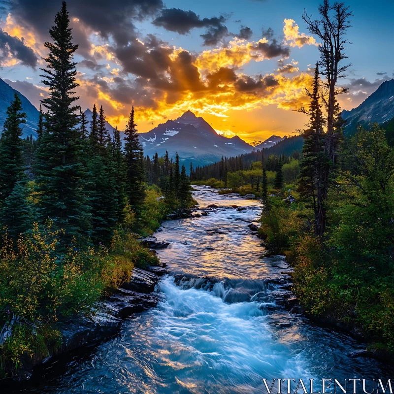 Tranquil River and Sunset Mountain Landscape AI Image