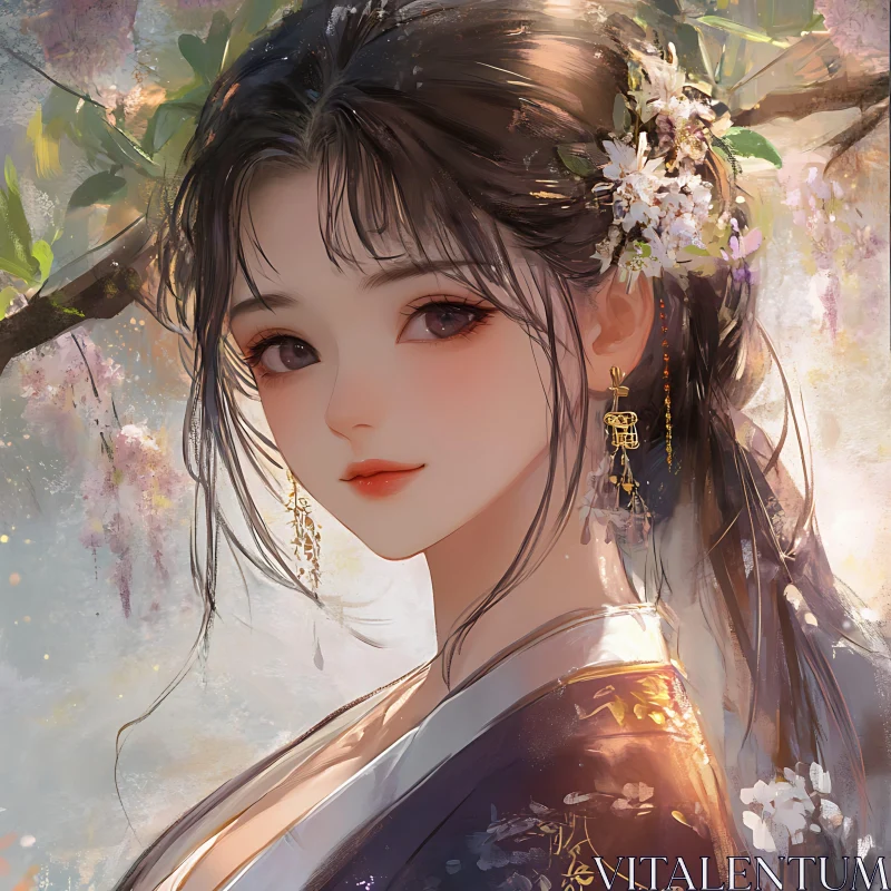 Serene Anime Portrait with Floral Embellishments AI Image