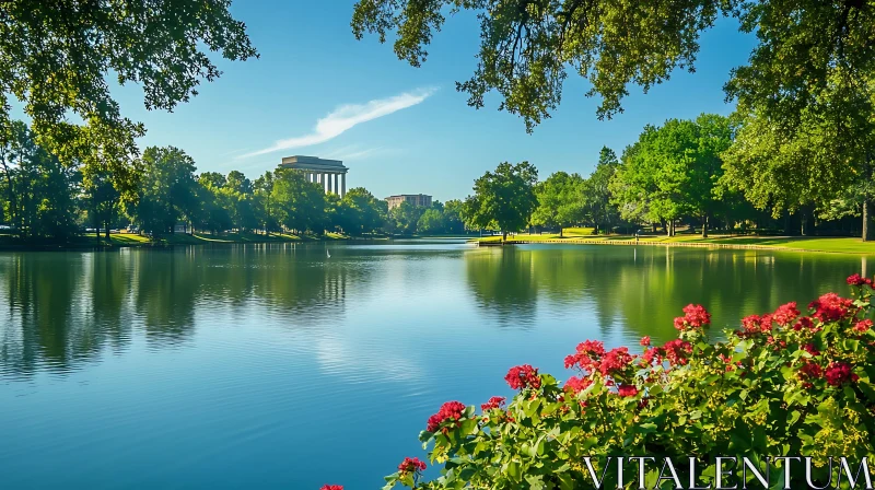 Peaceful Lake Scene with Vibrant Flowers AI Image