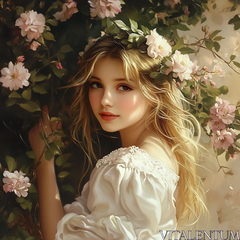 Captivating Portrait of a Young Woman with Flowers AI Image