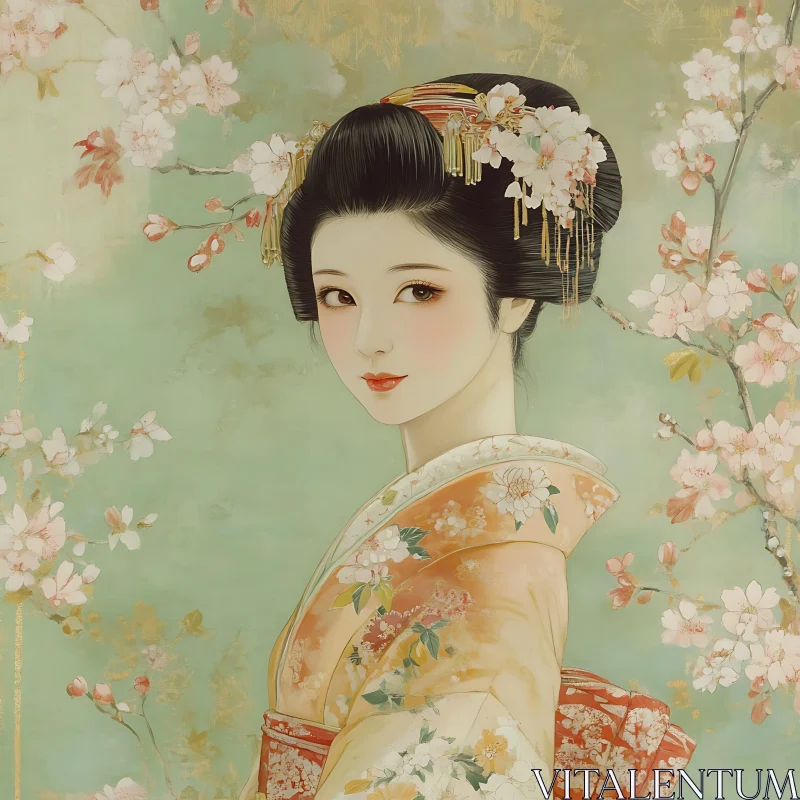 Serene Japanese Geisha with Cherry Blossoms AI Image