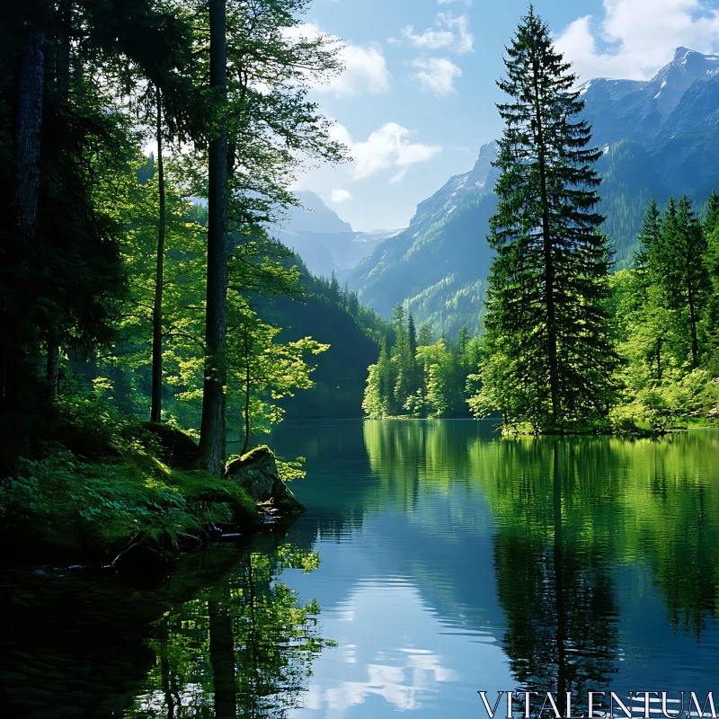 Tranquil Lake with Pine Trees and Mountains AI Image